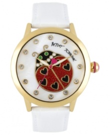 Total love bug. This Betsey Johnson watch features an adorable ladybug graphic on a white leather strap. Total love bug. This Betsey Johnson watch features an adorable ladybug graphic on a white leather strap.