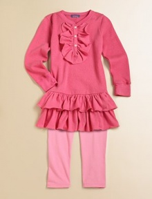 With gorgeous wide ruffles at the placket and hem, this casual play dress is a real charmer.CrewneckThree-button placket with ruffle detailWaffle-knitLong sleeves with cuffsTiered ruffle hemCottonMachine washImported With gorgeous wide ruffles at the placket and hem, this casual play dress is a real charmer.CrewneckThree-button placket with ruffle detailWaffle-knitLong sleeves with cuffsTiered ruffle hemCottonMachine washImported