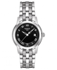 A stately watch with international appeal, by Tissot. Stainless steel bracelet and case. Etched black dial with logo, date window and silvertone roman numerals. Swiss made. Quartz movement. Water resistant to 30 meters. Two-year warranty. A stately watch with international appeal, by Tissot. Stainless steel bracelet and case. Etched black dial with logo, date window and silvertone roman numerals. Swiss made. Quartz movement. Water resistant to 30 meters. Two-year warranty.
