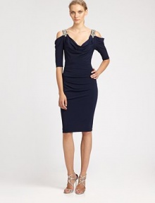 Alluring shoulder cutouts and glamorous beaded straps elevate this draped design.Beaded shoulder strapsCowl necklineShoulder cutoutsElbow-length sleevesConcealed back zipFully linedAbout 27 from natural waist92% polyester/8% spandexDry cleanMade in USA of imported fabricModel shown is 5'10 (177cm) wearing US size 4. Alluring shoulder cutouts and glamorous beaded straps elevate this draped design.Beaded shoulder strapsCowl necklineShoulder cutoutsElbow-length sleevesConcealed back zipFully linedAbout 27 from natural waist92% polyester/8% spandexDry cleanMade in USA of imported fabricModel shown is 5'10 (177cm) wearing US size 4.