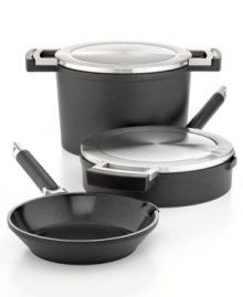 Calling all cooks to the kitchen-you're ready with this cast aluminum set, which features a nonstick ceramic coating that is PFOA- and PTFE-free for an eco-friendly approach to dishing out your favorite meals. Each professional piece keeps up with your pace thanks to mess-free pouring spouts, plus special holes along the rims of the covered vessels make it possible to pour with the lid still on! 3-year warranty. Calling all cooks to the kitchen-you're ready with this cast aluminum set, which features a nonstick ceramic coating that is PFOA- and PTFE-free for an eco-friendly approach to dishing out your favorite meals. Each professional piece keeps up with your pace thanks to mess-free pouring spouts, plus special holes along the rims of the covered vessels make it possible to pour with the lid still on! 3-year warranty.