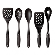 Protect your non-stick cookware with the OXO GOOD GRIPS 5 Piece Nylon Tools Set. Oversized heads, sturdy necks, added length and comfortable grips set these tools apart. The set includes your everyday favorites: Square Turner, Lasagne Turner, Spoon, Slotted Spoon and Spaghetti Server. Each tool features a durable, over-sized nylon head that is heat resistant and wont scratch your non-stick cookware. The utensils have extra-long necks for better reach and their soft handle nestles comfortably in your hand. The utensils are all dishwasher safe; not recommended for use in microwave. Protect your non-stick cookware with the OXO GOOD GRIPS 5 Piece Nylon Tools Set. Oversized heads, sturdy necks, added length and comfortable grips set these tools apart. The set includes your everyday favorites: Square Turner, Lasagne Turner, Spoon, Slotted Spoon and Spaghetti Server. Each tool features a durable, over-sized nylon head that is heat resistant and wont scratch your non-stick cookware. The utensils have extra-long necks for better reach and their soft handle nestles comfortably in your hand. The utensils are all dishwasher safe; not recommended for use in microwave.