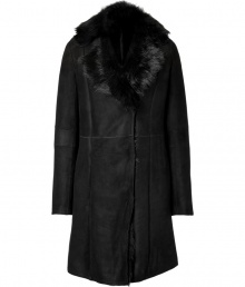 Radiate luxe appeal this season in Josephs exquisitely finished black lambskin coat - Notched fur collar, long sleeves, patchwork seaming, hidden front hook closures, side slit pockets, ultra warm fur interior - Tailored fit - Finish with sharply cut separates and covetable statement accessories