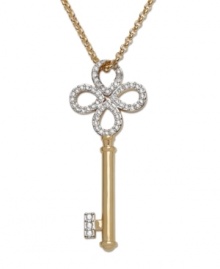 Who holds the key to your secrets? Add a touch of mystery and romance to your décolleté with this exquisite gold tone mixed metal pendant! The delicately crafted key sparkles in clear Swarovski crystals set in pavé. Approximate length: 27-1/2 inches. Approximate drop: 1-7/8 inches. Who holds the key to your secrets? Add a touch of mystery and romance to your décolleté with this exquisite gold tone mixed metal pendant! The delicately crafted key sparkles in clear Swarovski crystals set in pavé. Approximate length: 27-1/2 inches. Approximate drop: 1-7/8 inches.