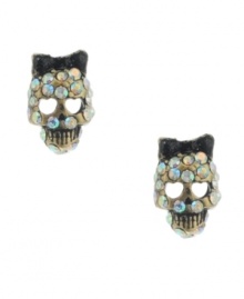 Tough yet tender. A skull motif may have an eerie effect, but Betsey Johnson's stud earrings offer a fun, feminine twist with glittering multicolored crystals, heart-shaped eye details and a bow accent. Crafted in mixed metal. Approximate diameter: 4/10 inch.