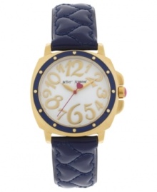 A lovely Betsey Johnson watch with a darling quilted heart pattern on a bold blue leather strap.