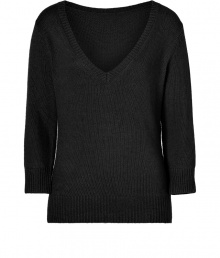 Ultra soft in versatile black, LAgences knit V-neck pullover is an easy choice for casual-chic looks - V-neckline, 3/4 sleeves, ribbed trim - Easy straight fit - Layer with tissue tees and extra slim skinnies