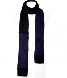 Stylish black and blue knit scarf - Stay warm and look cool in this wool-alpaca-blend scarf - Cool color blocking patchwork detail and easy to style neutral color palate - Try with jeans, a pullover, and a motorcycle jacket for a classic look Stylish black and blue knit scarf - Stay warm and look cool in this wool-alpaca-blend scarf - Cool color blocking patchwork detail and easy to style neutral color palate - Try with jeans, a pullover, and a motorcycle jacket for a classic look