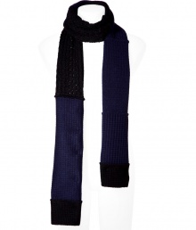 Stylish black and blue knit scarf - Stay warm and look cool in this wool-alpaca-blend scarf - Cool color blocking patchwork detail and easy to style neutral color palate - Try with jeans, a pullover, and a motorcycle jacket for a classic look