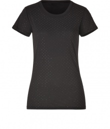 Easy and chic with allover stud-like embellishment, DKNYs black tee counts as an edgy addition to casual and cocktail looks alike - Round neckline, short sleeves - Fitted - Wear with everything from jeans and flats to pencil skirts and platforms