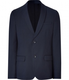 Stylish jacket in fine navy blue wool - Modern and sophisticated - Fashionable slim-cut with narrow waist - Moderately deep lapels and two-button front - Two flap pockets plus chest pocket - Polished piece transitions from job to parties - Pair with jeans or dress pants and over a tee or button-down shirt