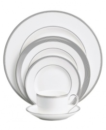 Romance weds modern sensibility in bridal designer Vera Wang's exquisite dinnerware and dishes collaboration with Wedgwood. Echoing the decorative touches that transform a bridal gown, Grosgrain place settings are crafted from pure white bone china adorned with a border of textured platinum ribbon.