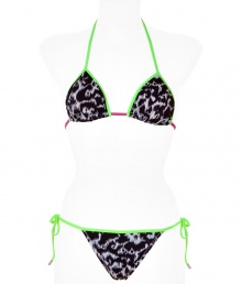 With a classic triangle top and side-tie bottoms, this fiercely printed bikini will add instant pop to your resort collection - Padded bikini top, all-over animal print with contrasting neon straps, tie detailed bottoms - Wear with a sheer caftan and sandals