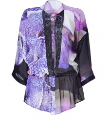 Inject your look with new-season style with this ultra luxe tunic top from Roberto Cavalli - Deep V-neck with sequin embellishment and tie details, blouson style, elasticized waistband, dolman sleeves, all-over print, semi-sheer - Style with figure-hugging skinnies and platform pumps Inject your look with new-season style with this ultra luxe tunic top from Roberto Cavalli - Deep V-neck with sequin embellishment and tie details, blouson style, elasticized waistband, dolman sleeves, all-over print, semi-sheer - Style with figure-hugging skinnies and platform pumps