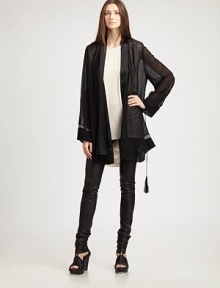This chic, sheer style is cinched at the waist by a tasseled cord.Open frontLong sleeves with banded cuffsCord waist tie with tasselsBack tasselAbout 31 from shoulder to hem85% wool/15% polyamideDry cleanMade in Italy of imported fabricModel shown is 5'11 (180cm) wearing US size 4. This chic, sheer style is cinched at the waist by a tasseled cord.Open frontLong sleeves with banded cuffsCord waist tie with tasselsBack tasselAbout 31 from shoulder to hem85% wool/15% polyamideDry cleanMade in Italy of imported fabricModel shown is 5'11 (180cm) wearing US size 4.
