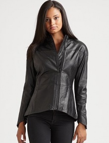 THE LOOKMock neckline Motocross quilted stitching at shoulders Off center front zipper Long sleeves with zip cuffs Princess seamsTHE FITAbout 23 from shoulder to hemTHE MATERIALLeather Silk liningCARE & ORIGINDry clean by a leather specialist Imported THE LOOKMock neckline Motocross quilted stitching at shoulders Off center front zipper Long sleeves with zip cuffs Princess seamsTHE FITAbout 23 from shoulder to hemTHE MATERIALLeather Silk liningCARE & ORIGINDry clean by a leather specialist Imported