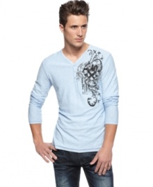 Change up your casual shirt style with this slub weave henley with hip chest graphic from INC. Change up your casual shirt style with this slub weave henley with hip chest graphic from INC.