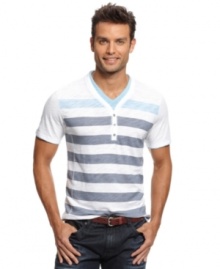 Need to top off your cool denim look? Try this striped y-neck t-shirt from INC International Concepts for an update on your style. Need to top off your cool denim look? Try this striped y-neck t-shirt from INC International Concepts for an update on your style.