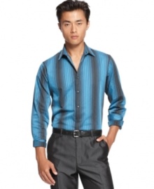 Flattering horizontal stripes and a classic button down shape come together to create this handsome shirt by INC International Concepts. Flattering horizontal stripes and a classic button down shape come together to create this handsome shirt by INC International Concepts.