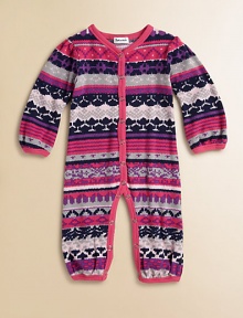 Colorful little one-piece for baby in a snap-front silhouette with a classic print. V-neckLong sleevesSnap front and bottomCotton/modal/spandexMachine washImported Colorful little one-piece for baby in a snap-front silhouette with a classic print. V-neckLong sleevesSnap front and bottomCotton/modal/spandexMachine washImported