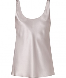 Stylish top in fine silvery grey synthetic fiber - Elegant satin sheen - Slim, tank cut widens slightly at hem - Sexy deep scoop neck and back - A go-to in any wardrobe that is as chic as it is versatile - Wear solo or layer beneath blazers or fitted denim and leather jackets - Pair with pencil skirts, maxi skirts and all jeans