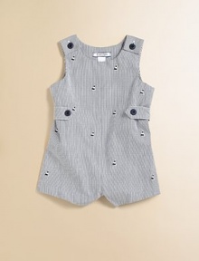 Set sail for cuteness in this adorable, striped one-piece knit with embroidered sailboats.CrewneckSleevelessShoulder buttonsWaistband with button detailBottom snaps for easy on and offCottonMachine washImported Please note: Numbers of buttons and snaps may vary depending on size ordered. Set sail for cuteness in this adorable, striped one-piece knit with embroidered sailboats.CrewneckSleevelessShoulder buttonsWaistband with button detailBottom snaps for easy on and offCottonMachine washImported Please note: Numbers of buttons and snaps may vary depending on size ordered.