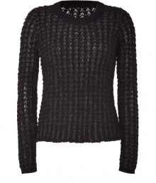 Fashionable texture is yours in this knitted sweater in dark brown and grey synthetic fiber - The eye-catching large knit design has a shiny Lurex element for a hint of elegance - Features a narrow waisted, short cut and long, fitted sleeves - TIghter knit rounded collar and small cuffs at sleeves - Looks great with a wool pencil skirt, opaque stocking and heels, or with skinny jeans and booties Fashionable texture is yours in this knitted sweater in dark brown and grey synthetic fiber - The eye-catching large knit design has a shiny Lurex element for a hint of elegance - Features a narrow waisted, short cut and long, fitted sleeves - TIghter knit rounded collar and small cuffs at sleeves - Looks great with a wool pencil skirt, opaque stocking and heels, or with skinny jeans and booties