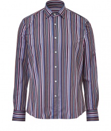 Quirky stripes cover this stylish button down from Etro, adding pop appeal to your workweek attire - Spread collar, front button placket, curved hem, slim fit, all-over stripe print - Wear with jeans, chinos, or trousers Quirky stripes cover this stylish button down from Etro, adding pop appeal to your workweek attire - Spread collar, front button placket, curved hem, slim fit, all-over stripe print - Wear with jeans, chinos, or trousers