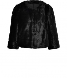 Tap into one of the seasons hottest tactile trends in animal-friendly style with DKNYs black faux fur jacket - Shorter, slightly boxier cut - Open style, with long sleeves and round neck - Polished and ultra-chic, perfect for parties and evenings out - Pair with a cocktail dress and pumps, or with leather pants and ankle booties Tap into one of the seasons hottest tactile trends in animal-friendly style with DKNYs black faux fur jacket - Shorter, slightly boxier cut - Open style, with long sleeves and round neck - Polished and ultra-chic, perfect for parties and evenings out - Pair with a cocktail dress and pumps, or with leather pants and ankle booties