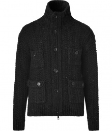 Detailed with a stand-up collar for a chic modern feel, Burberry Brits chunky knit flecked black cardigan is a cool choice for taking your look into the next season in style - Stand-up collar, long sleeves, ribbed trim, two-way front zip, button panel, buttoned patch pockets - Slim fit - Wear as a coat with tees and jeans, or indoors in winter over button-downs with tailored trousers Detailed with a stand-up collar for a chic modern feel, Burberry Brits chunky knit flecked black cardigan is a cool choice for taking your look into the next season in style - Stand-up collar, long sleeves, ribbed trim, two-way front zip, button panel, buttoned patch pockets - Slim fit - Wear as a coat with tees and jeans, or indoors in winter over button-downs with tailored trousers