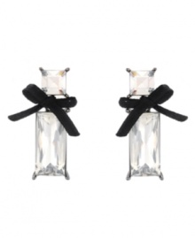 Geometric glamour. Square and rectangular shapes combine to make a stylish statement on Betsey Johnson's elegant drop earrings. Featuring a beautiful bow accent, they're crafted in hematite tone mixed metal. Approximate drop: 1-1/2 inches.