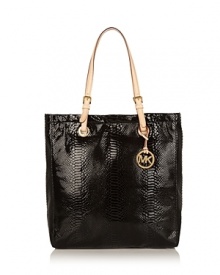 Look chic on the weekends with an oversized tote in glazed python-embossed leather. Vachetta trim, double shoulder straps, gold-tone hardware. Top magnetic snap closure with interior zip and additional pockets. Lined. Look chic on the weekends with an oversized tote in glazed python-embossed leather. Vachetta trim, double shoulder straps, gold-tone hardware. Top magnetic snap closure with interior zip and additional pockets. Lined.