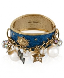Quite striking. With lightning bolt and star baubles with glass crystal accents, as well as glass pearls, Betsey Johnson's bangle bracelet-crafted from gold-tone mixed metal-makes a stunning statement. Approximate diameter: 2-1/4 inches. Quite striking. With lightning bolt and star baubles with glass crystal accents, as well as glass pearls, Betsey Johnson's bangle bracelet-crafted from gold-tone mixed metal-makes a stunning statement. Approximate diameter: 2-1/4 inches.