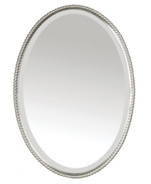 The Sherise mirror has a traditional pearl border as part of its hand-forged metal frame which features a gleaming brushed nickel finish. The elegant oval mirror has a beveled edge, and it can be hung either vertically (shown) or horizontally, depending on the space or your preference. The Sherise mirror has a traditional pearl border as part of its hand-forged metal frame which features a gleaming brushed nickel finish. The elegant oval mirror has a beveled edge, and it can be hung either vertically (shown) or horizontally, depending on the space or your preference.