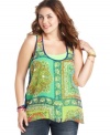 Get into a boho groove with Soprano's sleeveless plus size top, featuring a printed front and racerback.