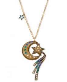 Own the night. This pendant necklace from Betsey Johnson is crafted from antique gold-tone mixed metal with glitter and glass stones shining through. Approximate length: 28 inches + 3-inch extender. Approximate drop: 5 inches.