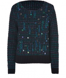 Perfect for your holiday affairs, Vanessa Brunos jewel and glitter embellished pullover counts as a festive must-have - Round neckline, long sleeves, solid black ribbed cuffs and hemline, front tonal jewel and glitter cluster embellishment - Slim fit - Wear with edgy separates and just as bright accessories