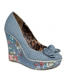 A mix of prints on the lovely Misssie wedge pumps by Betsey Johnson makes a bold statement in a pretty denim way.