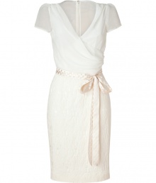 Inject feminine chic into your cocktail look with this luxe combo dress from LWren Scott - Semi-sheer faux wrap bodice with draped V-neck, cap sleeves, grosgrain waist belt, solid pencil skirt, concealed back zip closure - Style with sky-high platform pumps and a statement clutch Inject feminine chic into your cocktail look with this luxe combo dress from LWren Scott - Semi-sheer faux wrap bodice with draped V-neck, cap sleeves, grosgrain waist belt, solid pencil skirt, concealed back zip closure - Style with sky-high platform pumps and a statement clutch