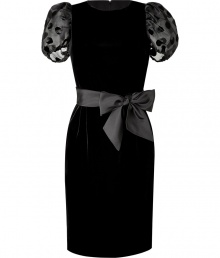 Luxurious and feminine, this black viscose dress is ready for a fun party - Flattering and elegant, it features a slim silhouette with a small, round neck, and knee-length skirt - Puffy, transparent sleeves with polka dots, and a glossy ribbon belt and bow at waist - Excellent choice for an evening event, birthday or cocktail party - Accessorize with booties, pumps or sandals and a simple clutch