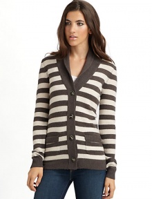 THE LOOKStriped throughoutSolid color shawl collarButton frontLong sleeves with solid, ribbed cuffsDual patch pocketsRibbed hemTHE FITAbout 26 from shoulder to hemTHE MATERIALCashmereCARE & ORIGINDry cleanImported