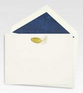 A hand-engraved, gold metallic feather motif adorns these luxe 2-ply vellum stock notecards, which are accompanied by tissue-lined envelopes.Set of 10About 4 X 5.5Hand-engravedMade in USA