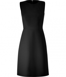 This classic A-line dress in black wool is a wardrobe must-have - Flattering with clean, simple lines and a comfortable, soft quality - Narrow with a feminine silhouette - Crew neckline, sleeveless, two front pockets and slightly flared, knee-length skirt - Elegant and versatile - Favorite dress for the office and after work - Pair with a colorful cashmere cardigan or blazer, and heels