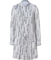 Hippie-chic looks get a dressy, feminine finish in Antik Batiks cool white feather print silk dress, perfect for taking office looks to sweet city cocktails - Short stand-up collar, long sleeves, buttoned cuffs, partial button-down front, drawstring waistline, softly tailored fit - Pair with an oversized blazer and minimalist pumps