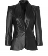 Luxe blazer in black lambskin - a highlight jacket from the hot French label Jay Ahr - feminine blazer cut, racy tailoring - with figure enhancing one-button closure, deep lapels and trendy 3/4 sleeves - two slit pockets, accentuated shoulders - a fashion statement, posh, trendy, simply crazy sexy - wear with a pencil skirt, jeans, flared leg pants