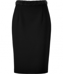 Luxe pencil skirt in fine, black viscose and synthetic fiber blend - Classically chic, slim cut - Higher waist, hits just above the knee - Flattering fabric darts at hips - Gorgeous circular beaded embellishment at waistband - The details we love: sexy slit and silver zipper at back - Sophisticated and stylish, easily transitions from day to evening - Pair with a silk button down, cropped leather jacket or blazer and platform ankle booties Luxe pencil skirt in fine, black viscose and synthetic fiber blend - Classically chic, slim cut - Higher waist, hits just above the knee - Flattering fabric darts at hips - Gorgeous circular beaded embellishment at waistband - The details we love: sexy slit and silver zipper at back - Sophisticated and stylish, easily transitions from day to evening - Pair with a silk button down, cropped leather jacket or blazer and platform ankle booties