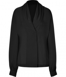 Super soft and equally feminine, Rachel Zoes stretch silk top is an chic choice for understated evening elegance - Pleated shawl collar, long sleeves, gathered snapped cuffs, hidden double-breasted front snap closures - Easy straight fit - Team with leather leggings, ankle boots and statement accessories