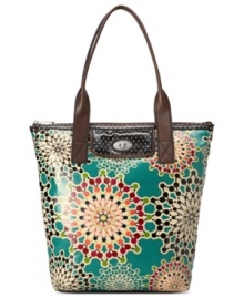 Add a vintage vibe to your everyday accessorizing with this urban cool tote from Fossil. Durable coated canvas is outfitted with a mod kaleidoscope of colors, while the sturdy shoulder straps and roomy interior let you take along everything with ease. Add a vintage vibe to your everyday accessorizing with this urban cool tote from Fossil. Durable coated canvas is outfitted with a mod kaleidoscope of colors, while the sturdy shoulder straps and roomy interior let you take along everything with ease.