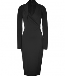 Work a modern edge into your Little Black Dress collection with Donna Karans ultra contemporary mixed-media asymmetrical sheath - V-neckline, long sleeves, mixed-media patchworked seaming, hidden back zip, kick pleat - Form-fitting - Wear with shimmering fine jewelry and sleek black accessories