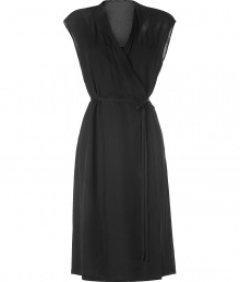 Luxe dress in black silk - material has an elegant, airy quality - narrowly draped look with feminine V-neck decollete and figure enhancing belted waist - sleeveless - pleasant knee-length skirt - simply a dream of a dress, sophisticated, impressive and sensationally elegant - timesless style that will never go out of date, but it and wear it forever - wear it exclusively with sandals, peep toes or platform pumps